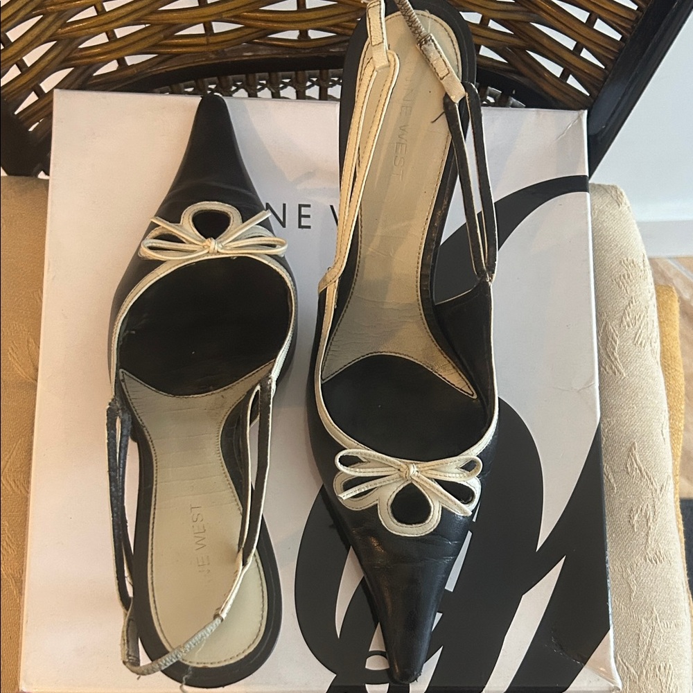 Nine West Black and Cream Bow Slingback Heels